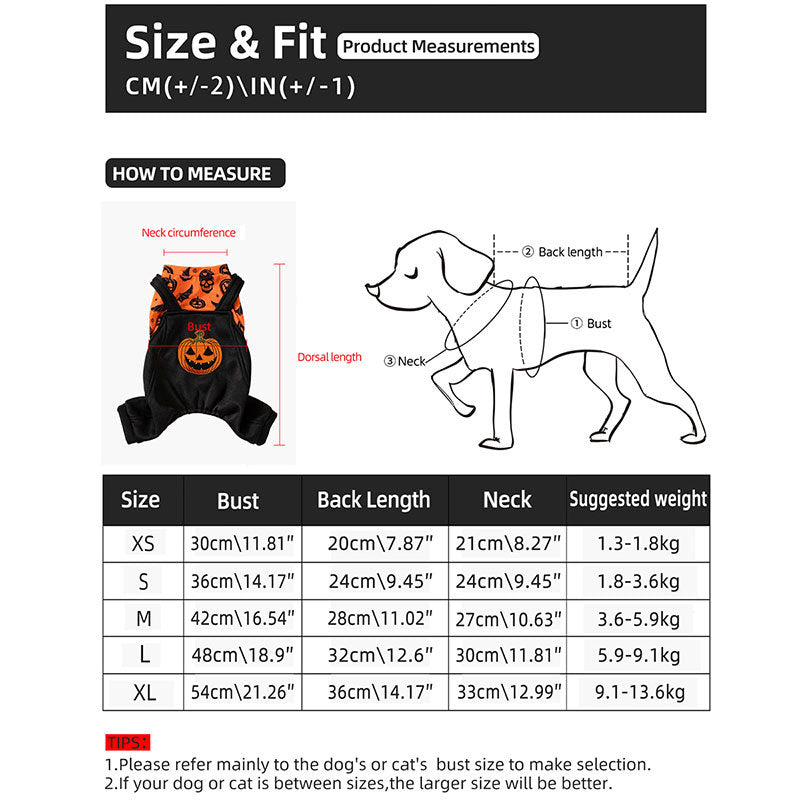 Guide des tailles de la combinaison Halloween pour chien